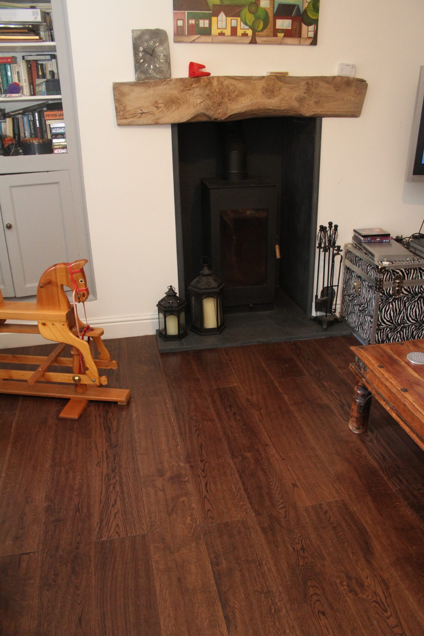 vintage engineered oak flooring with rocking horse