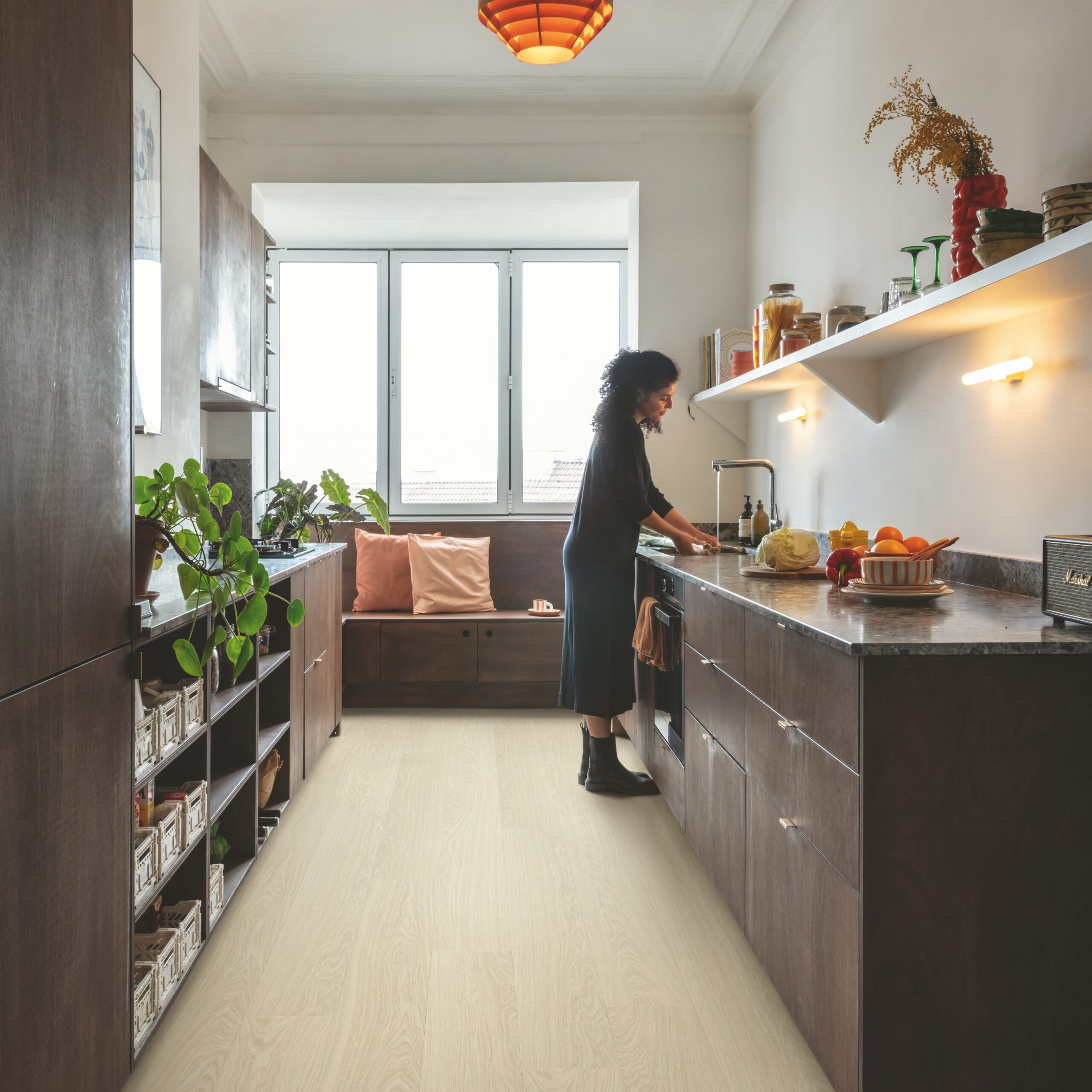 galley kitchen with wooden floor