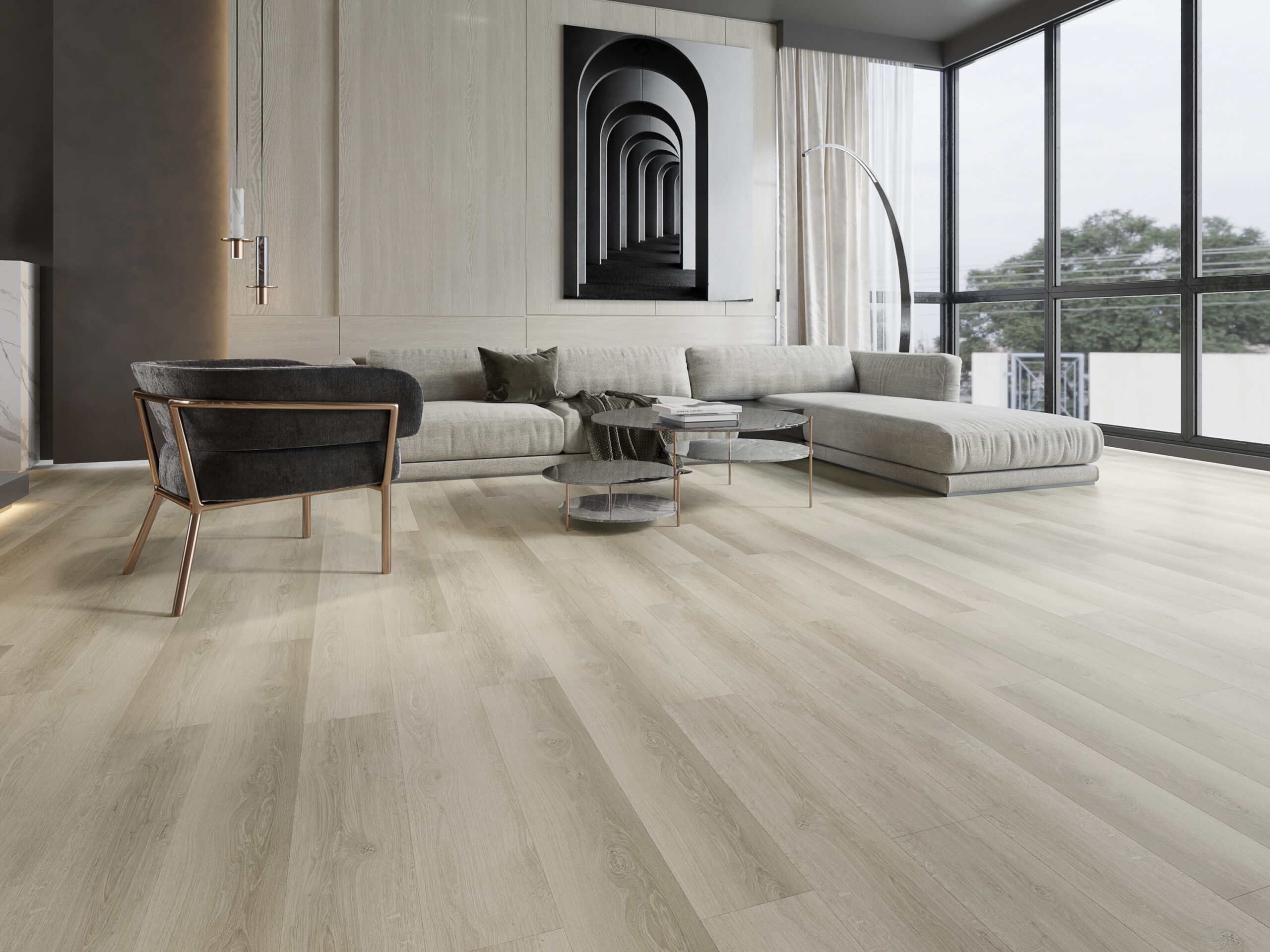 lounge with Tranquil Grey Waterproof Luxury Rigid Core (Built-in Underlay)