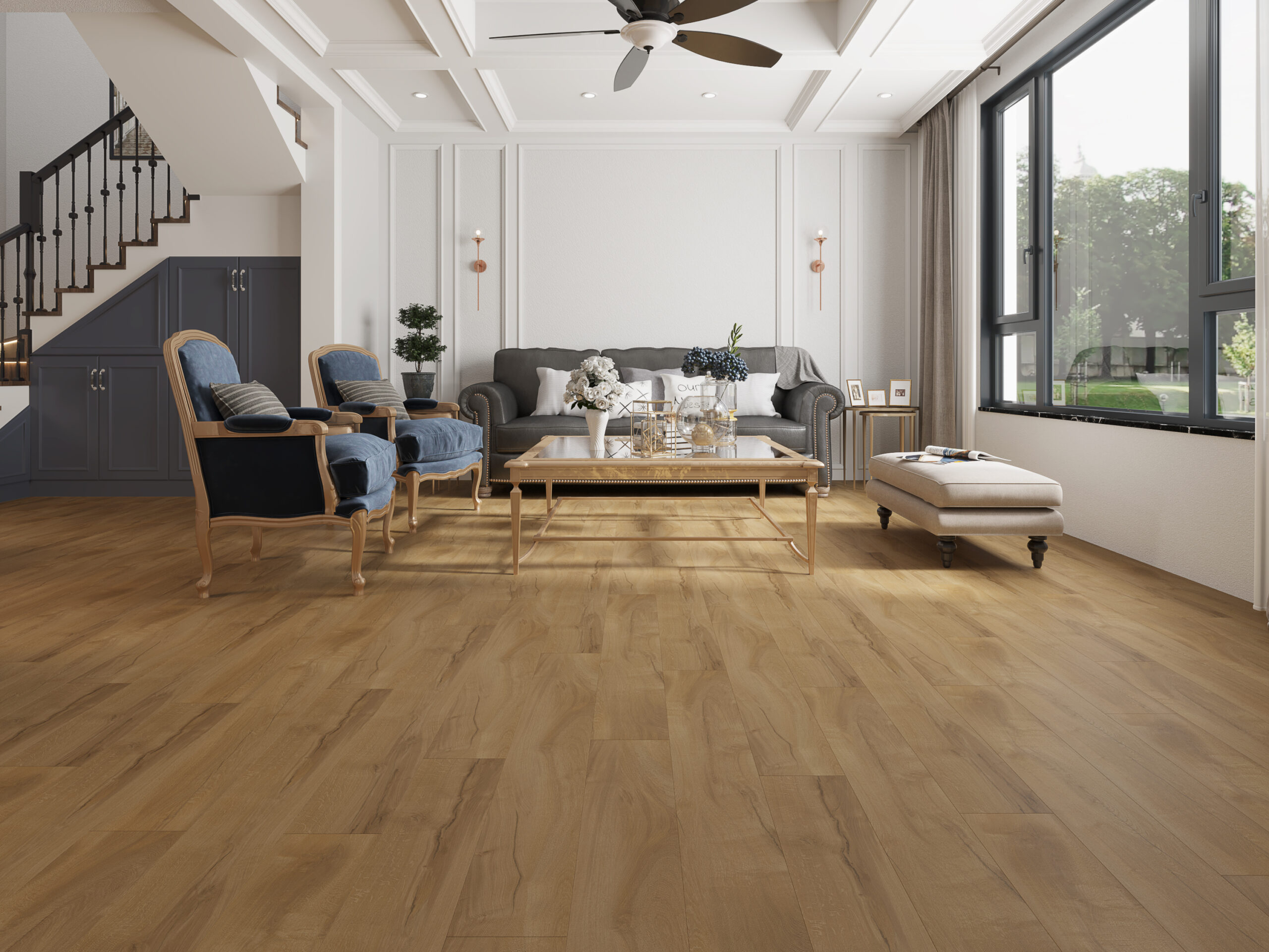 lounge room with Golden Oak Waterproof Luxury Rigid Core (Built-in Underlay)